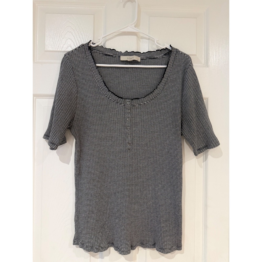 LOFT Petites Striped Henley Ribbed Short Sleeve Top Black White XLP Preppy